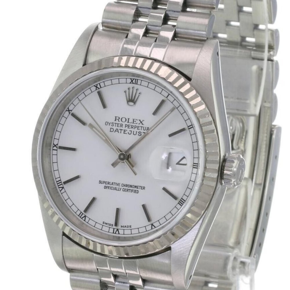 ROLEX DATEJUST WHITE INDEX DIAL 18K WHITE GOLD FLUTED STEEL JUBILEE WATCH 16234